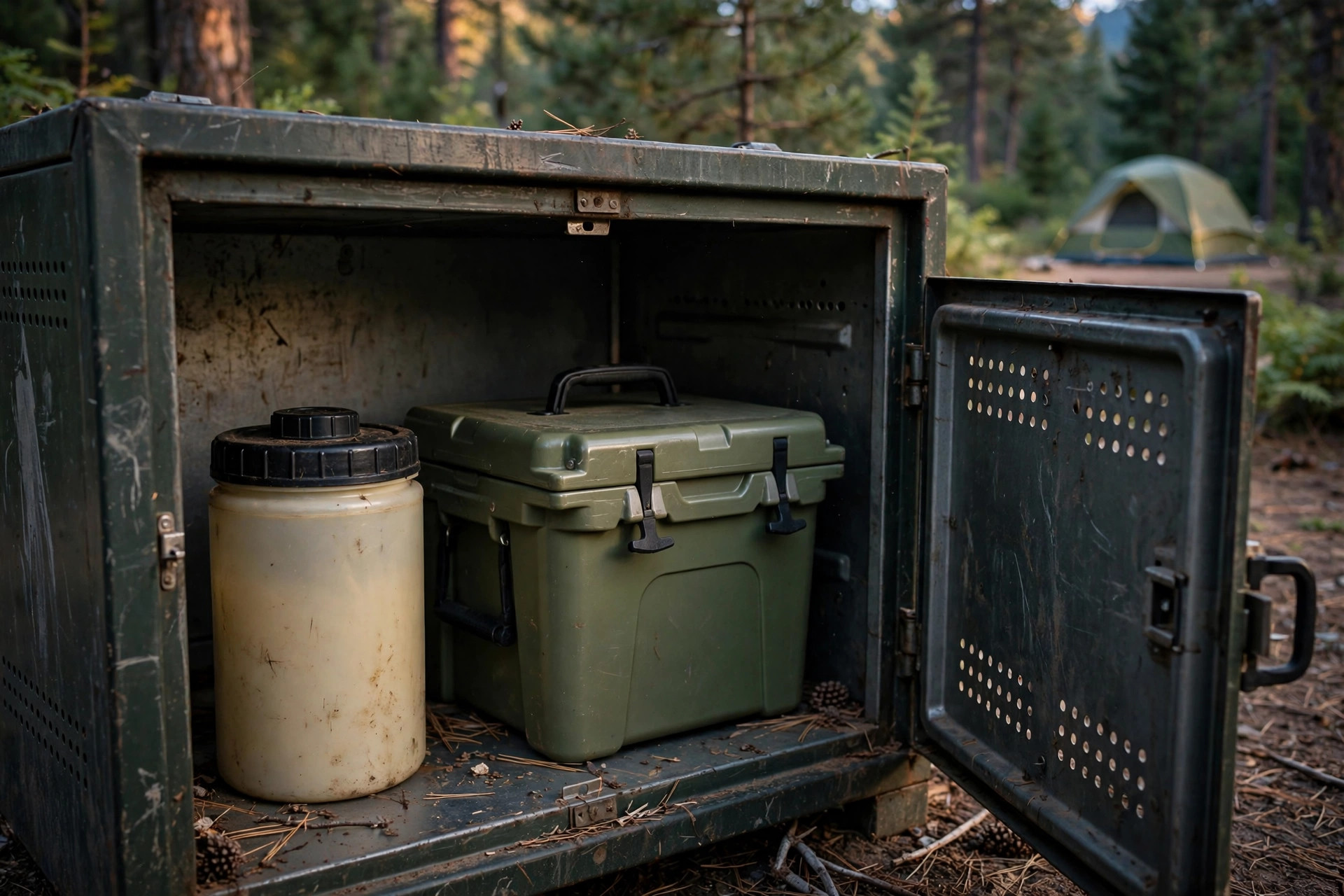 A bear canister and hard cooler inside an open metal food-storage locker, tent pitched far behind