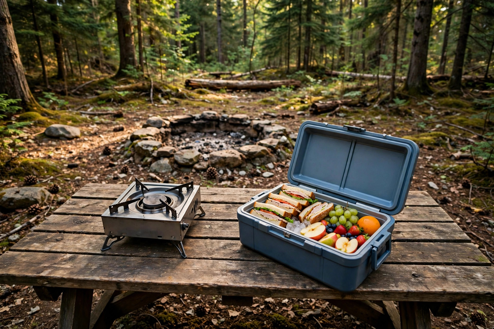 A plain camp stove and an open cooler of sandwiches and fruit on a picnic table, empty fire ring behind