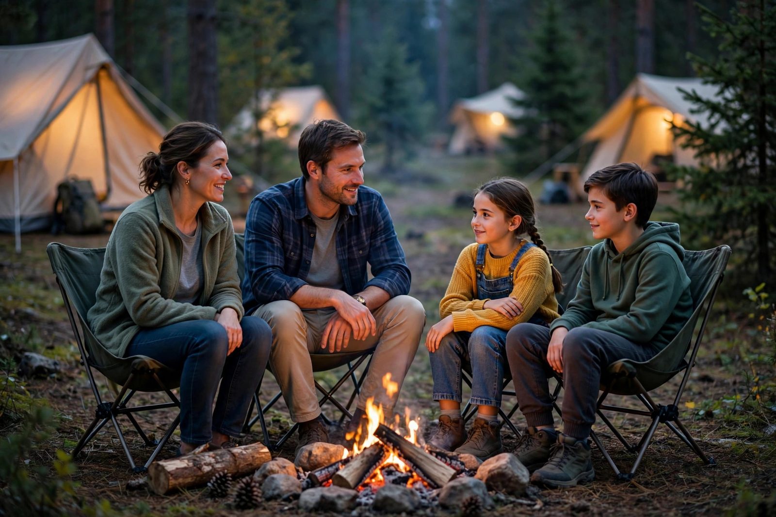 A family chatting quietly around a campfire at dusk with glowing tents nearby