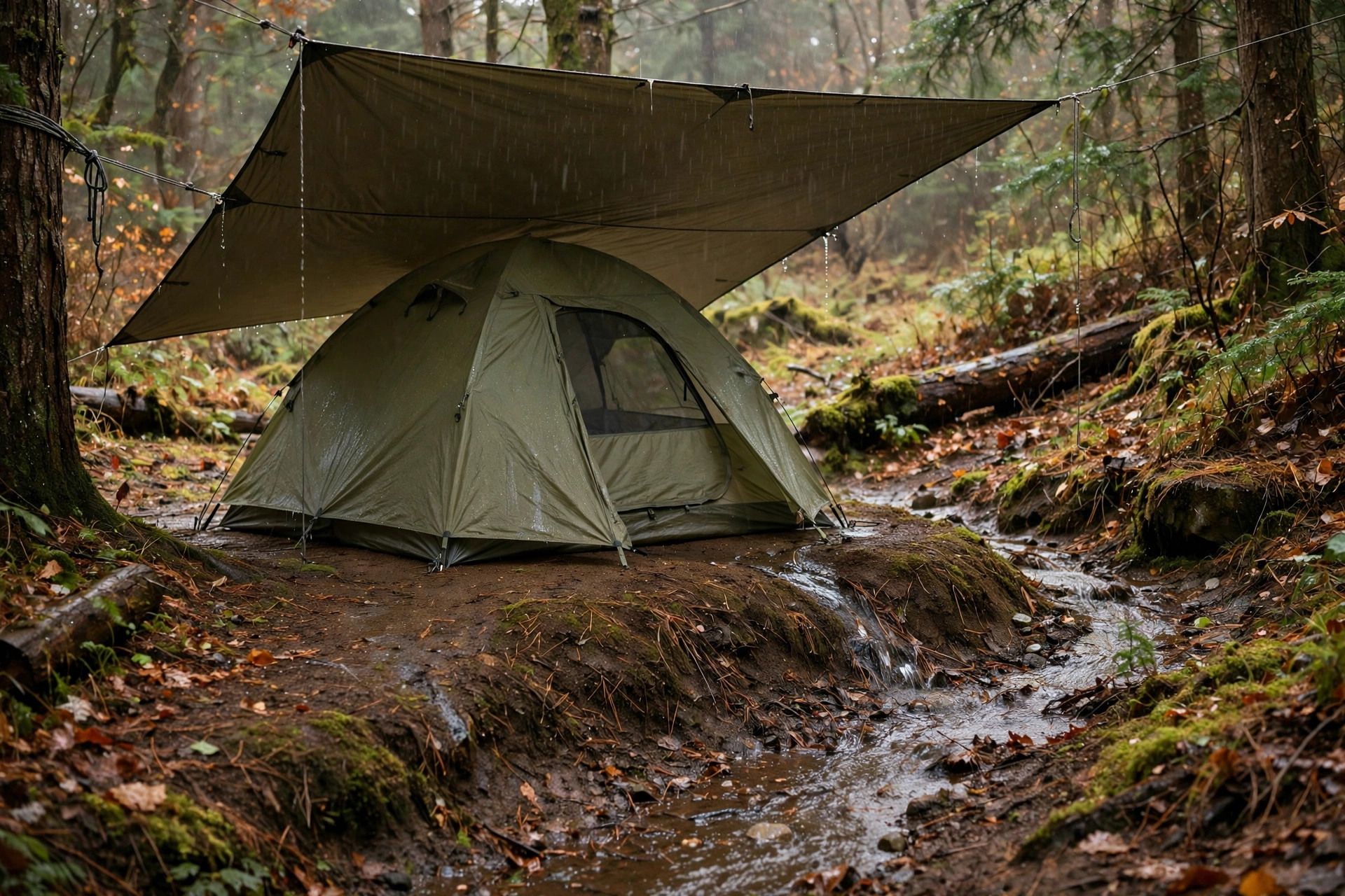 A green dome tent under a large taut tarp in falling rain, water running off the raised campsite into a small channel