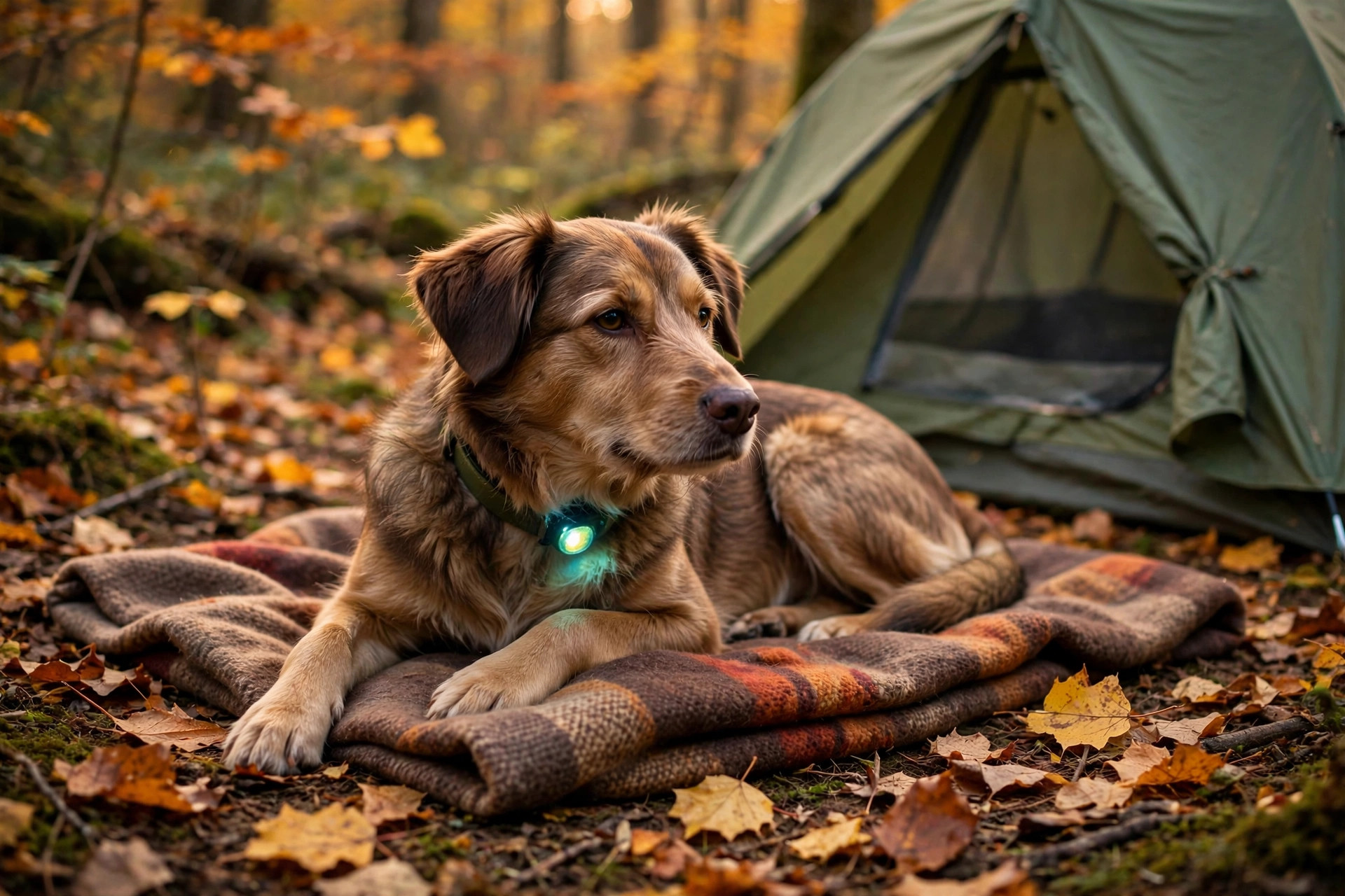 A brown dog with a glowing collar light resting on a plaid blanket beside a tent among autumn leaves