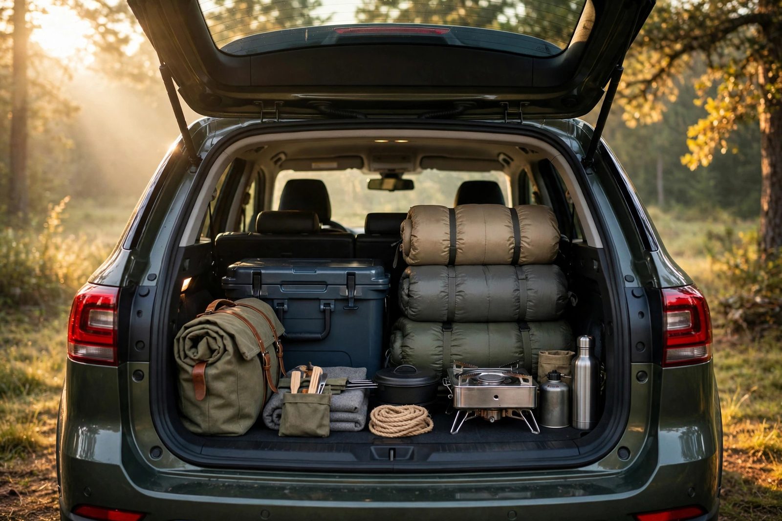 An SUV hatchback open with neatly organized camping gear in golden morning light
