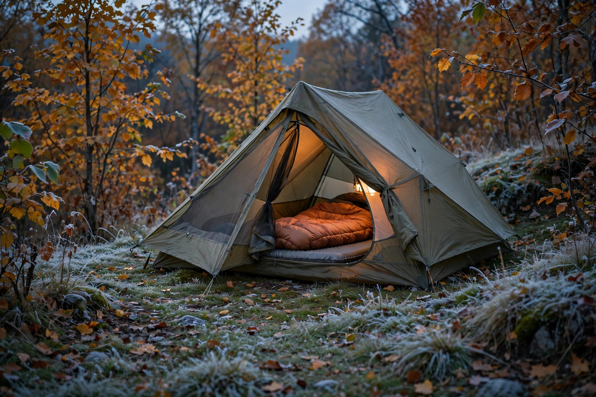 A tent in autumn woods with frost on the grass, its door open on a lofted orange sleeping bag laid over a sleeping pad