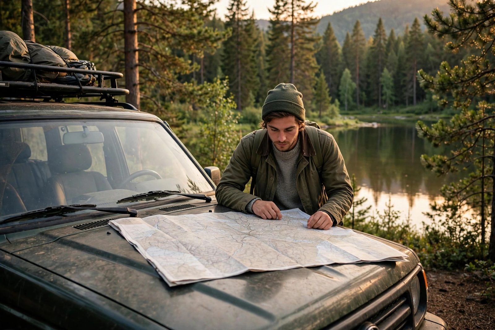 A camper studying a paper map on a car hood with a lake and pine forest behind