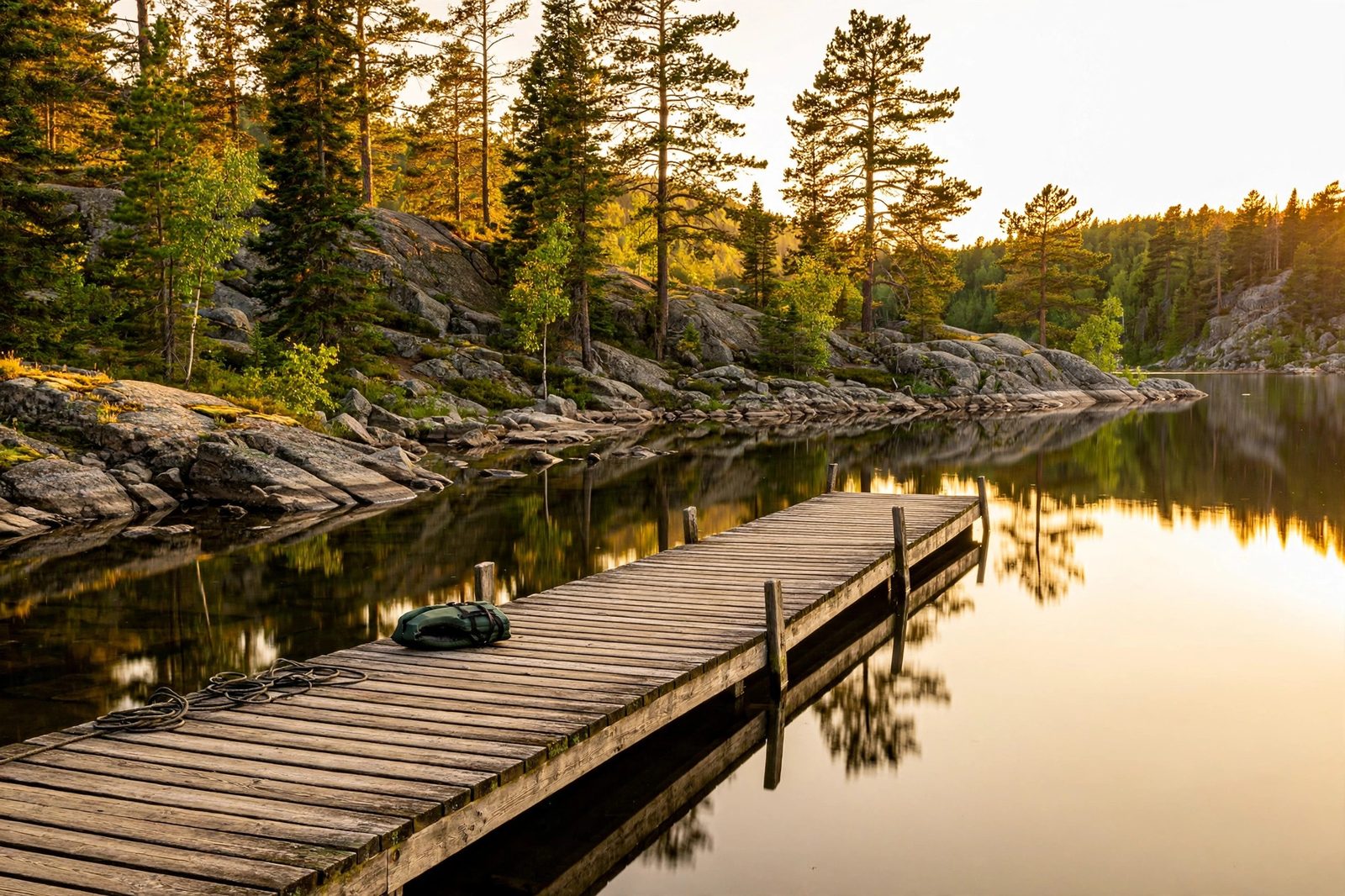 A glassy Ontario park lake at golden hour with a wooden dock and pine shoreline