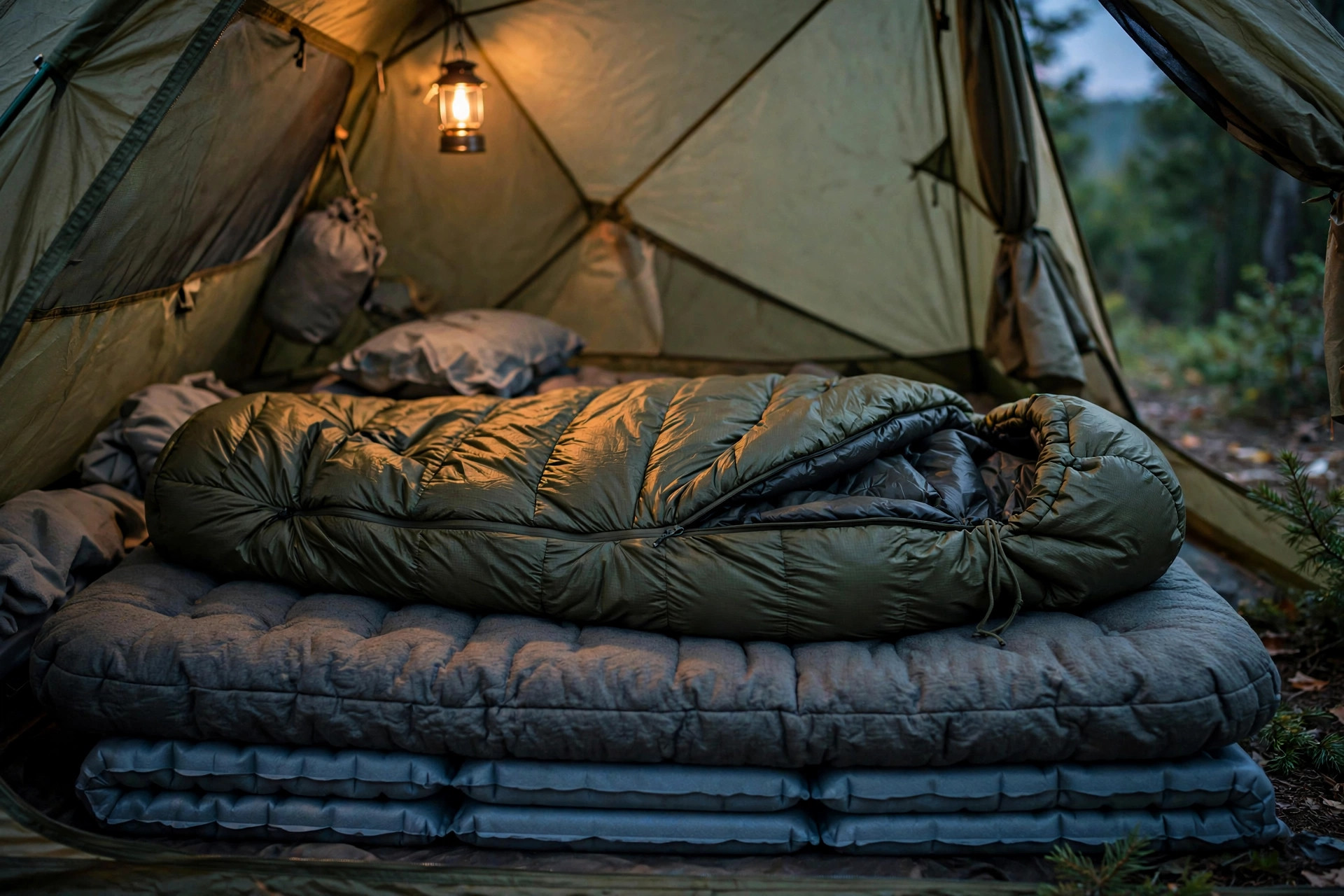 A puffy sleeping bag resting on layered sleeping pads inside a tent lit by a hanging lantern