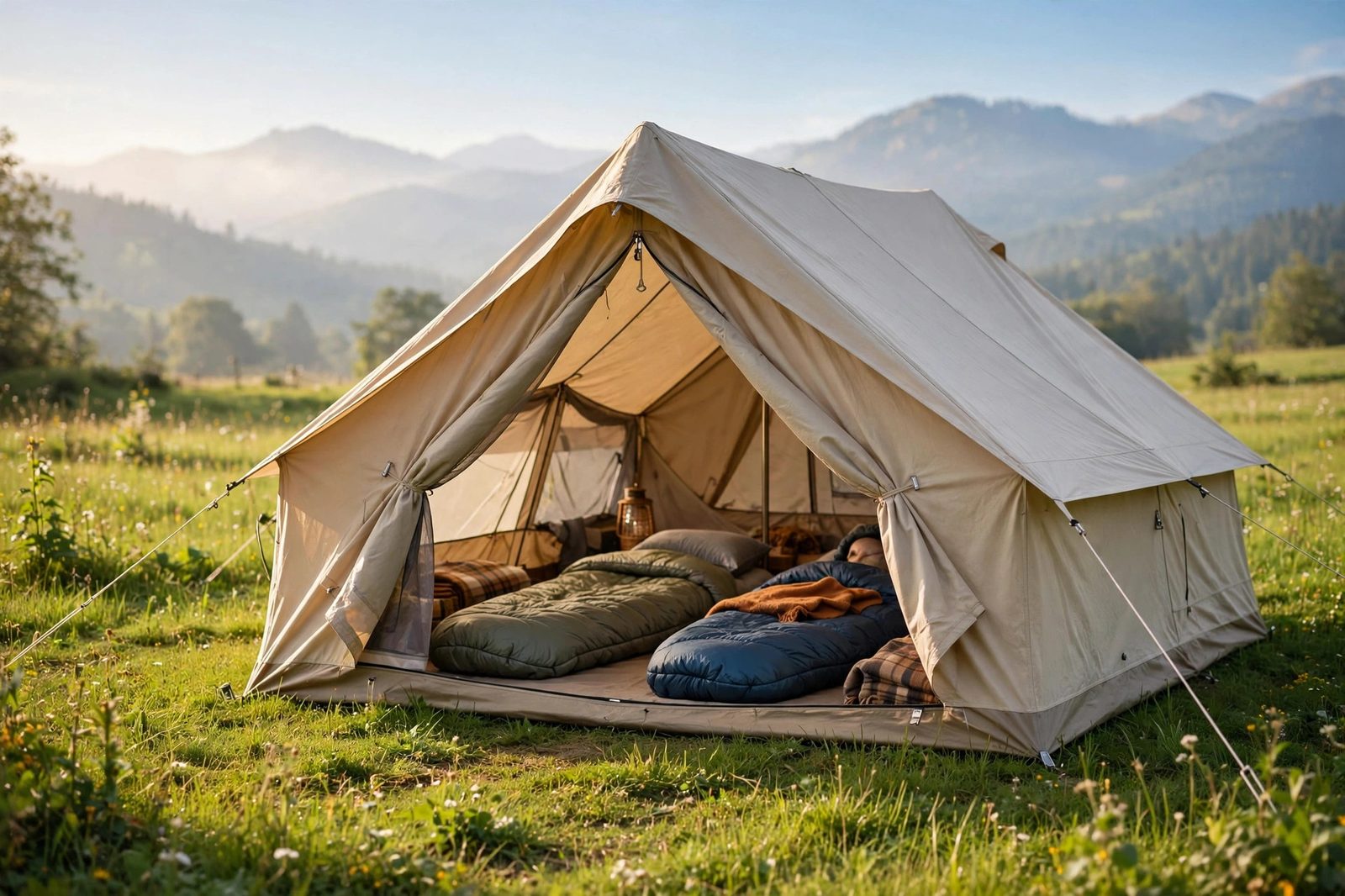 A roomy canvas tent with its door open showing sleeping bags inside, pitched in a meadow